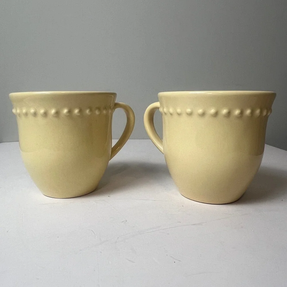 Pottery Barn Emma Coffee Mug Set of 2 Yellow Beaded Stoneware Portugal Farmhouse